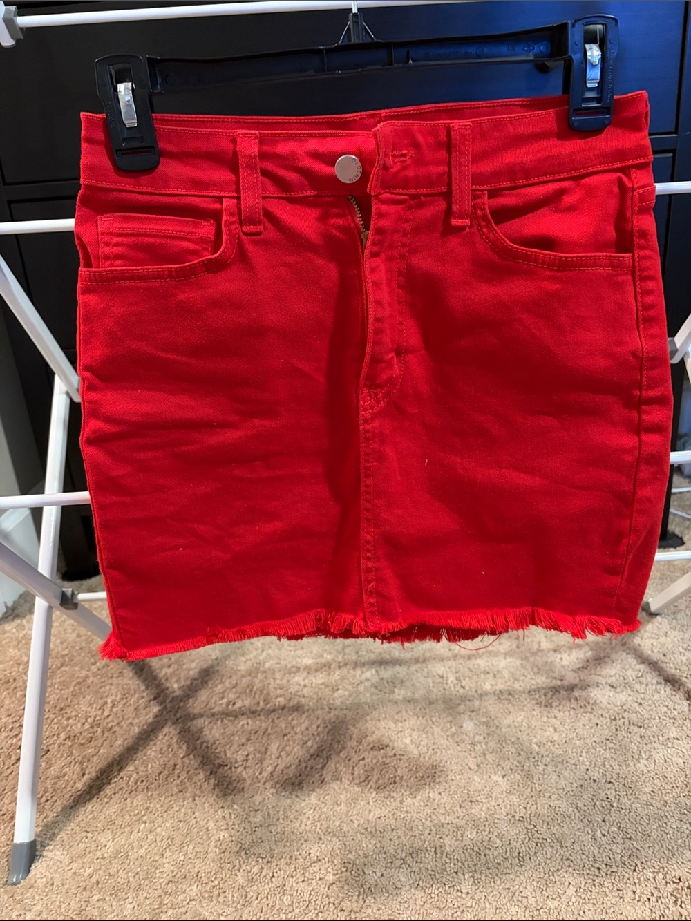 Bright Red Denim Mini Skirt with Frayed Hem